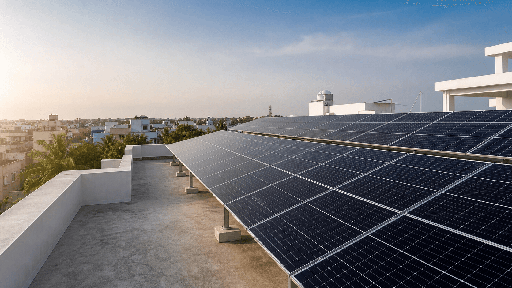 Rooftop solar panels installed on a Tamil Nadu building
